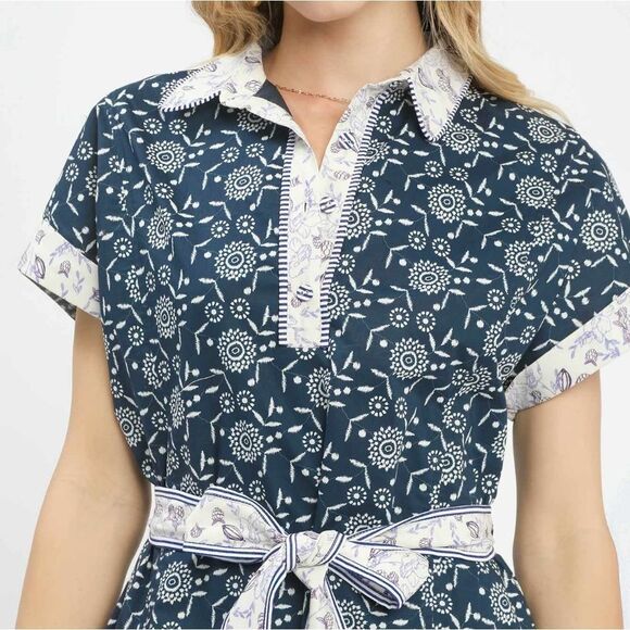 Umgee Border Print Belted Shirt Dress | 100% Cotton Polo Mini Dress sz Small - Picture 5 of 7
